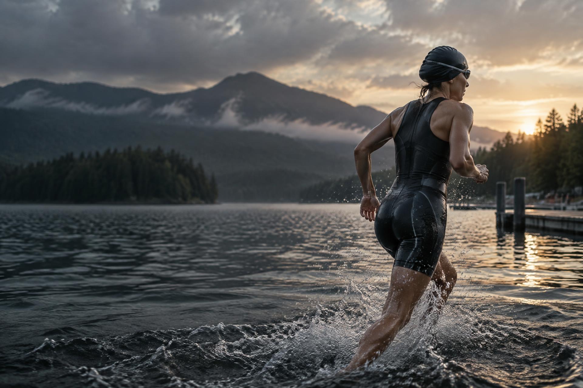 Endurance athlete running out of a mountain lake